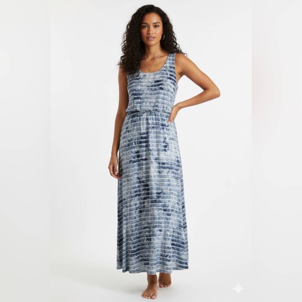 Blue Watercolour Striped Maxi Dress